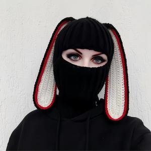 Gorro de punto de algodón cálido unisex hecho a mano con bordado, diseño de conejo de orejas grandes, estampado digital de cara linda con bloques de color, informal - Product Image 1