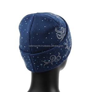 Gorro de Invierno para Mujer, Tejido Acrílico, Elástico, Color Azul, con Pedrería, Logotipo Personalizado, Estilo Brillante, Jacquard - Product Image 5