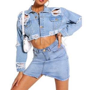 ชุดกระโปรงผ้ายีนส์สำหรับผู้หญิงกระโปรงสั้นผ้ายีนส์กระดุมหน้าแต่งระบายสีฟ้าดีไซน์ใหม่แจ็คเก็ตและกระโปรงสไตล์ล่าสุด - Product Image 6