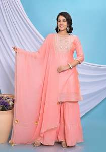 Indien Gharara Designs Chanderi Kurta Pantalon En Coton Et Mousseline De Soie Dupatta Ensemble Rose Couleur Gota Pati Robe Pour Casual & Occasions De Fête - Product Image 3