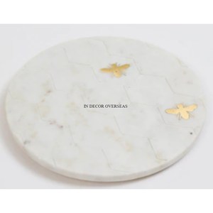 Bandeja para servir de forma redonda de mármol blanco de la mejor calidad con mariposas doradas, suministro de utensilios de cocina para el hogar y el Hotel - Product Image 1