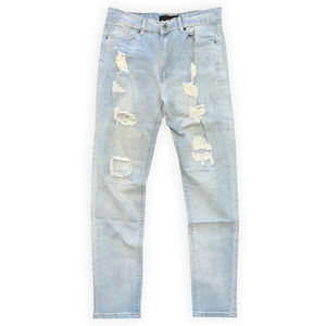 Jeans de Mezclilla Ajustados para Hombre, Color Azul Claro, Rotos y Reparados, Moda Casual, Personalizados, de Algodón de Alta Calidad - Product Image 1