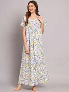 Camisón de Encaje 100% Algodón para Mujer, Mangas Medias, Largo Completo, Tela Transpirable, Cuello con Estampado Floral, Elegante, Primavera, Otoño, Verano - Product Image 3