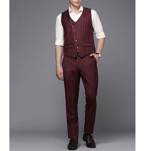 Venta caliente último diseñador 3 piezas Formal Oficina vestido de novia cuello mandarín esmoquin doble botonadura rayas traje de pana hombres - Product Image 3