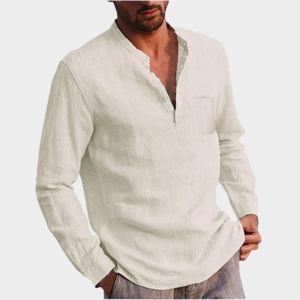 Chemise à manches longues en coton et lin confortable et respirante pour hommes, tricotée de manière durable, teintée dans la plaine, avec motif imprimé ODM - Product Image 1