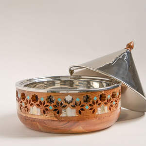 Mother of Pearl Design Wooden Bowl Food Warmer Round Casseroles Hotpot Tableware Casseroles Best Selling Metal Serving Hotpots - Product Image 4