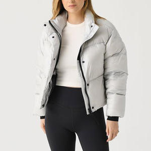 Women's Cropped Puffer Winter Jacket Breathable <b>Canvas</b> <b>Waterproof</b> Windproof Stand Collar Pockets Shiny Puffer Jacket - Product Image 3