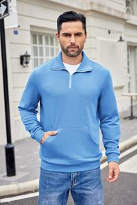 Jersey con cremallera de un cuarto para hombre, sudadera Polo informal de manga larga, suéteres de cuello simulado ajustados con bolsillo - Product Image 4