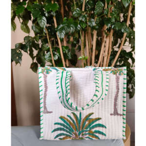 Green Palm Handblock <b>Tote</b> Mini-Reusable <b>Summer</b> Beach <b>Bag</b> - Product Image 1