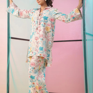 Tenue décontractée islamique 2 pièces assortie Ensembles de cordon imprimé personnalisé en lin modeste pour femmes Vêtements de salon élégants - Product Image 1