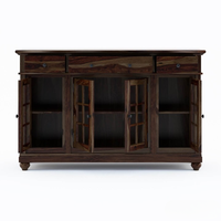 Buffet moderne en teck massif, écologique, avec portes vitrées et tiroirs, meuble de rangement et de présentation pour salle à manger et salon