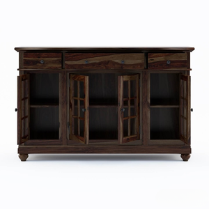 Aparador Moderno de Madera de Teca Maciza Ecológica, Mueble de Almacenamiento para Comedor, Mueble de Exhibición con Puertas de Vidrio y Cajones para Sala de Estar - Product Image 6