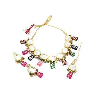 Ensemble de collier plaqué or Kundan avec perles de zircon multicolores pour mariage ou bijoux fins, cadeau pour femmes - Product Image 5