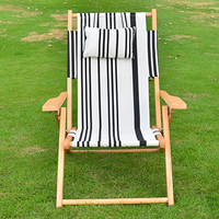 Chaise de plage pliable Sage Black Stripe avec accoudoirs en bois, siège de plage inclinable de luxe, glacière isotherme et appui-tête
