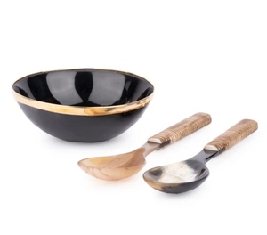 Bol de service en corne de buffle naturelle avec rebord en métal et un ensemble de cuillère et fourchette 5 pouces bol artisanal Vintage Home Decor - Product Image 1