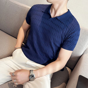 Summer Knitted Short Sleeve Polo <b>Shirt</b> <b>Men's</b> <b>V</b>-<b>neck</b> Casual Stripe <b>T</b>-<b>shirt</b> <b>Men</b> Silk Breathable Slim Business Tee Top - Product Image 4
