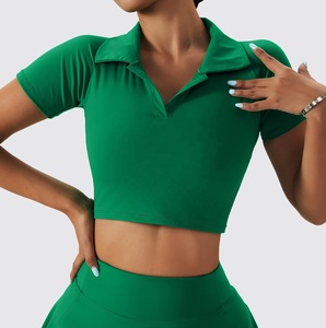 Summer Cotton Crop Top t <b>Shirts</b> <b>Women's</b> Golf Wear <b>Polo</b> t <b>Shirts</b> Wholesale Custom Logo Green Dyed Breathable Crop Top t <b>Shirts</b> - Product Image 5