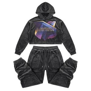 Ensemble de survêtement pour femme 2026, léger et respirant, en velours de nylon/coton, avec impression DTF, strass, sweat-shirt à capuche et pantalon de survêtement ample, lavage vintage - Product Image 1