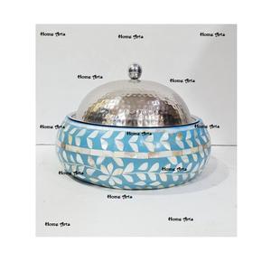 Plato para Servir Comida de Madera y Nácar Hecho a Mano con Calidad de Lujo, Forma Redonda, Olla Caliente para Servir Comida con Tapa de Acero - Product Image 5