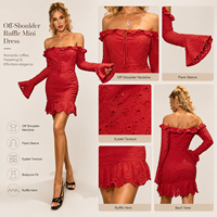 Robe Courte OEM Femme Épaules Dénudées Manches Volants Dentelle Broderie Anglaise Moulante Soirée Tendance