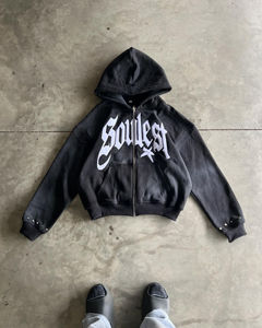 Sudaderas con capucha de gran tamaño para hombre con parche desgastado Vintage bordado con tinte de corbata lavado con ácido y sol desteñido sudaderas con cremallera de rizo francés - Product Image 1