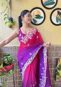 Sari de diseñador de Bollywood elegante y tradicional indio para una Sari de Georgette de imitación étnica elegante y elegante Sari de trabajo de secuencia - Product Image 5
