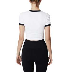 Wholesale Women's <b>Cropped</b> <b>Fitted</b> Crew Neck <b>T</b>-<b>Shirt</b> Custom Digital Logo Printed Streetwear Spandex Blend Button Detail - Product Image 2