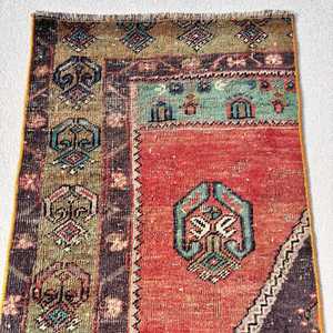 Vintage Small Rug 1.6x3.2 ft (50x98 cm), Turkish <b>Red</b> Striped <b>Wool</b> Rug - Product Image 5