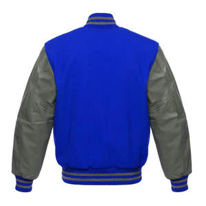 Veste classique pour homme en laine bleue avec manches en cuir gris, style Letterman, manches longues. - Product Image 2