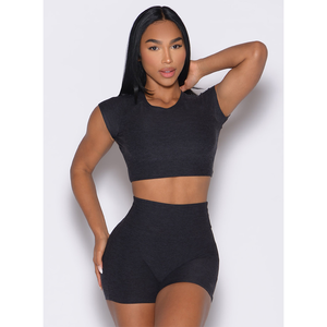 Qualité supérieure noir femmes force de base haut court extensible beurre doux respirant Fitness et entraînement haut court t-shirts pour femmes - Product Image 1