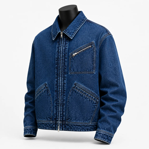 Veste en jean décontractée à fermeture éclair intégrale, style vintage, en coton bleu délavé, avec poches zippées obliques, pour le streetwear – Prix de gros - Product Image 4