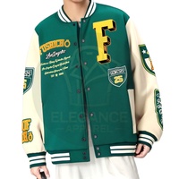 Nouvel Arrivage Vente en Gros Blouson de Baseball Universitaire Streetwear en Toile à Col Montant, Couleurs Contrastées Vert et Blanc, Motif Lettres, Hiver