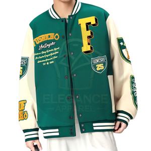 Nouvelle arrivée, prix de gros, veste de baseball universitaire streetwear à blocs de couleurs contrastées vert et blanc avec broderie de lettres - Product Image 1