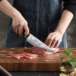 Venta al por mayor pedidos a granel personalizados OEM ODM servicio japonés profesional Damasco cuchillo de cocina forjado a mano hoja afilada fija - Product Image 6