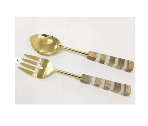 Elegant Indian handcrafted brass salad server set with gold polish <b>used</b> for traditional festive meals and decor - Product Image 3