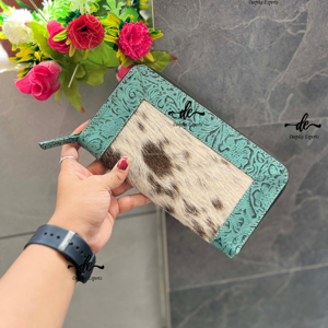 Cartera de cuero de piel de vaca, Cartera de cuero mecanizada a mano, tarjetero, Cartera de cuero de piel occidental - Product Image 1