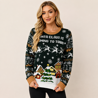 Pull de Noël moche personnalisé pour femme, motif Père Noël, tricot jacquard noir à manches longues, flocons de neige, village, fêtes, personnalisé OEM