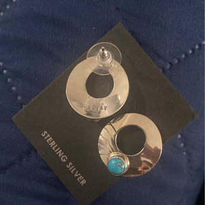 Jon Begay Kingman <b>Turquoise</b> & Diamond <b>Stud</b> <b>Earrings</b> with Sterling Silver Geometric Bezel Setting for Party or Gift - Product Image 4