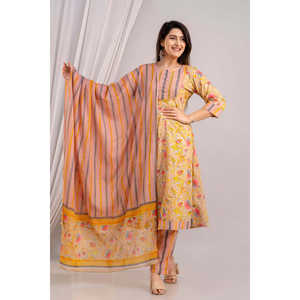 Mujer Fawn & Multi Floral Printed Kurta con pantalones y Dupatta Set - Product Image 4