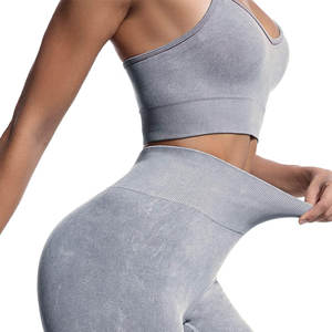 Recién llegado, conjunto de gimnasio para mujer, mallas sin costuras de cintura alta en forma de V y Sujetador deportivo Halter de patrón sólido para Yoga - Product Image 6