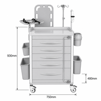 Chariot d'urgence médical moderne en plastique, chariot de soins multicolore pour hôpital, chariot de traitement à 5 tiroirs pour USI, clinique, salle de sport, avec poteau porte-perfusion