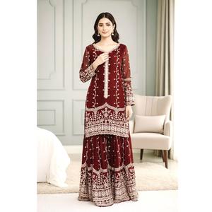 Ensemble Palazzo Moderne en Faux Georgette Lourd Longueur Ras du Sol pour Femme avec Broderies Avant et Arrière, Idéal pour les Fêtes, Mariages et Diwali - Product Image 1
