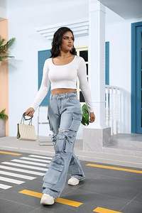 Pantalones vaqueros rasgados elásticos de cintura media de Color sólido a la moda para mujer de talla grande, Vaqueros ajustados informales de verano con decoración de botones - Product Image 4