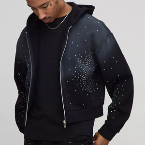 Nouvel arrivage Ensemble sweat à capuche zippé et jogging personnalisé avec strass rétrécis Survêtements respirants Survêtement en coton mélangé avec strass - Product Image 1