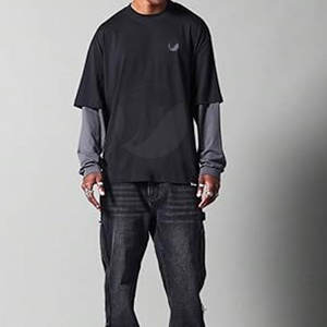 T-shirt pour homme, nouveau design, double couche, manches longues, col rond, écologique, streetwear, logo imprimé personnalisé et bordure contrastée - Product Image 3