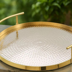 Premium Round <b>Gold</b> Metal <b>Tray</b> Featuring Hammered Design Ideal for Gifting Banquets Festive Occasions and Table Setup From India - Product Image 1