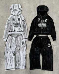 Pantalones de chándal transpirables con serigrafía personalizada Vintage lavado sucio efecto desgastado conjunto de ropa de calle informal con capucha Logo para invierno - Product Image 1