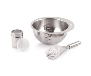 Juego de 3 Utensilios para Hornear de Acero Inoxidable: Tazón Medidor, Batidor de Varillas y Dosificador de Azúcar/Harina - Product Image 1