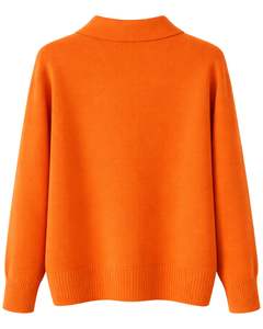 Women Orange Button Front Knit <b>Cardigan</b> Sweater Long Sleeve Soft Casual Winter Top <b>With</b> Polo Collar For Ladies Fashion Wear - Product Image 2