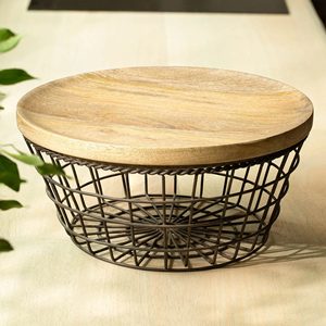 Kitchen Food <b>Storage</b> <b>Basket</b> with Wooden Lid Metal Container for Fruits and <b>Vegetables</b> Chopping Cutting board with metal <b>Basket</b> - Product Image 3